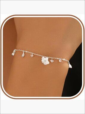 14K Gold Plated Sterling Silver Flower Charm Bracelet with Cubic Zirconia
